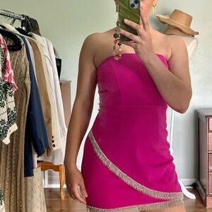 Elegant Pink Strapless Dress with Rhinestone fringe Trim